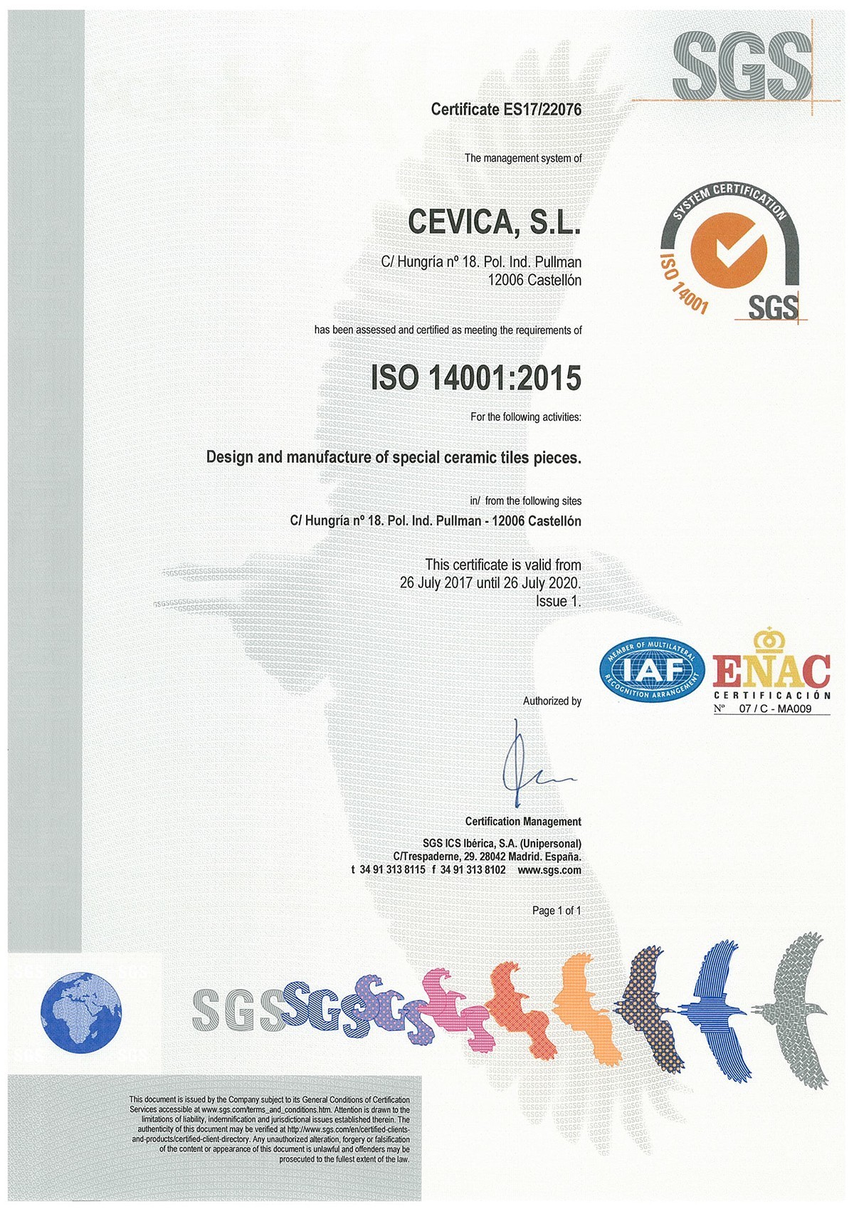 14001 ISO EN CERTIFICATE VALID UNTIL 2020 - CEVICA OBTIENE LA CERTIFICACION INTERNACIONAL ISO 14001:2015 POR LA BUENA GESTION MEDIOAMBIENTAL